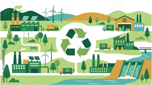Recycling factory network with renewable energy, transport and sustainable production.