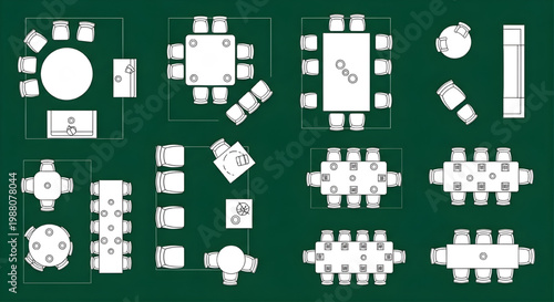 Dining Furniture Layout Top View Blueprint Vector Collection – AutoCAD Architecture Multi View Technical Drawing White Outline on Dark Green Background
