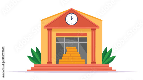 Cartoon illustration of a building with a clock and steps leading to the entrance