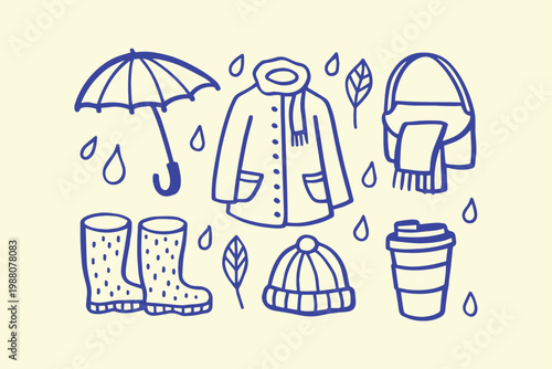 Autumnal clothing and accessories collection with rain drops rainy day rubber boots wellington boots coffee cup line art clothing accessories umbrella warm clothes outerwear