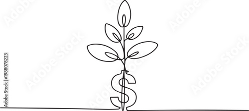 Continuous line drawing of a plant growing from a dollar sign on white background