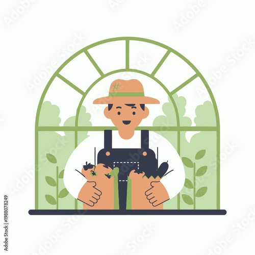 Happy farmer holding fresh vegetables in a greenhouse