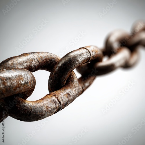 Close up view of a rusty metal chain link on a neutral background