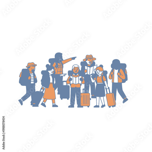 Diverse group of travelers with backpacks and luggage, ready for adventure