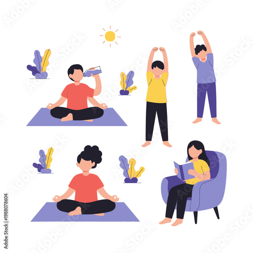 Healthy lifestyle, people doing yoga, stretching and reading outdoors