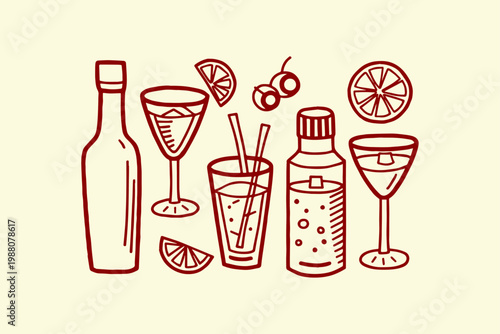 Stylized collection of drink bottles and glasses with fruit slices and cherries martini glass highball glass coupe glass lemon slices lime slices red outline design element beverages