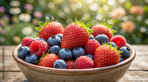 A rustic ceramic bowl filled with fresh, ripe strawberries, blueberries, and raspberries sits on a wooden table outdoors, bathed in warm sunlight with a blurred backdrop.