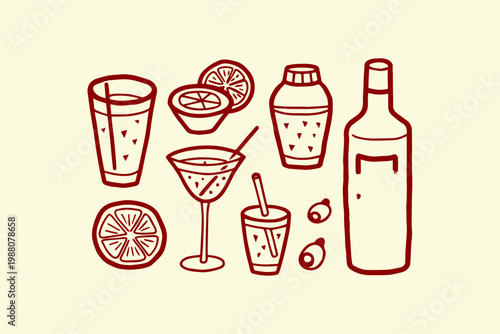 Hand drawn assortment of alcoholic and non-alcoholic drinks with garnishes cocktail glass rocks glass orange slices food and drink red outline design element mixed drink cocktails