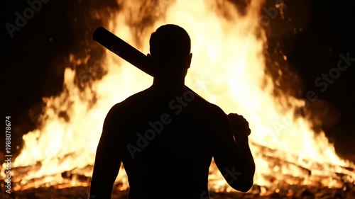Powerful silhouette man with baseball bat against large bonfire.