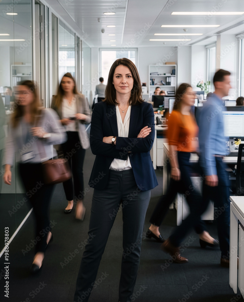 Fototapeta premium Confident mature businesswoman standing still with crossed arms in a busy corporate office with blurred coworkers