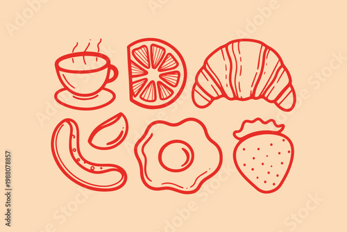 Doodle illustration of a breakfast spread with coffee orange slice croissant sausage fried egg strawberry hand drawn breakfast illustration croissant strawberry delicious appetizing
