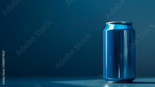 Blue Aluminum Soda Can on a Dark Blue Gradient Background with Soft Studio Lighting