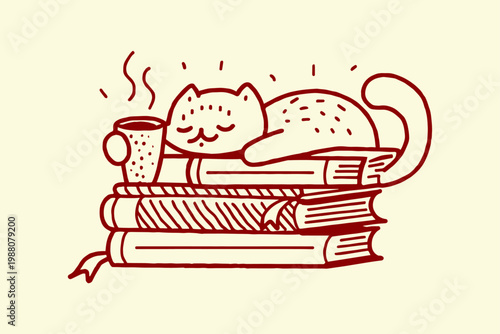 Content cat napping on pile of books next to hot beverage charming sketch line art animal lover beverage charming illustration literature relaxation peaceful knowledge interior