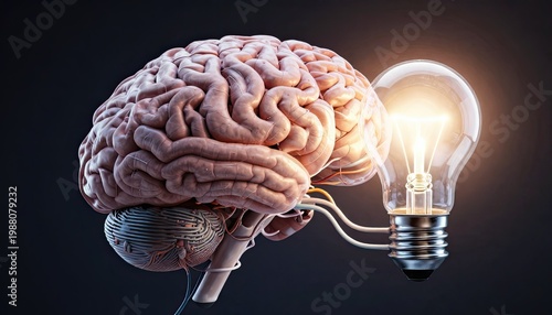 A human brain with a glowing lightbulb attached, symbolizing a brilliant idea