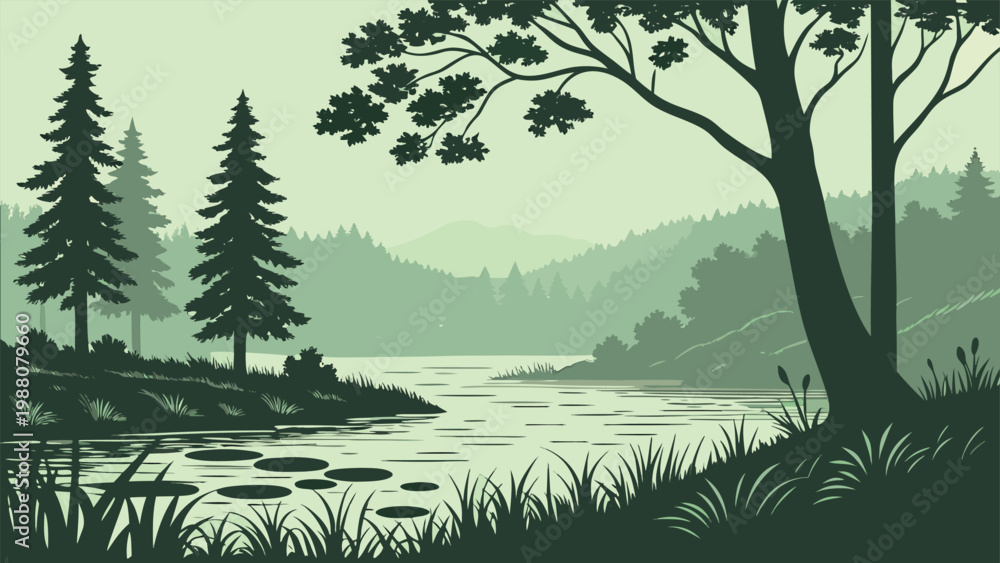 Fototapeta premium serene nature landscapes with forests, rivers, and wetlands in flat vector style