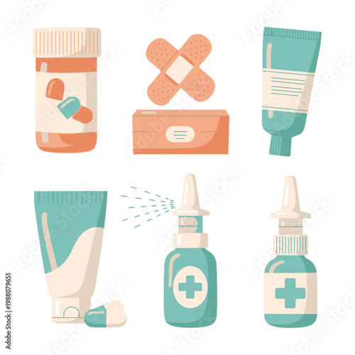 Medical Supplies Flat Design Icons: Pills, Bandages, Nasal Spray, Ointment Tubes