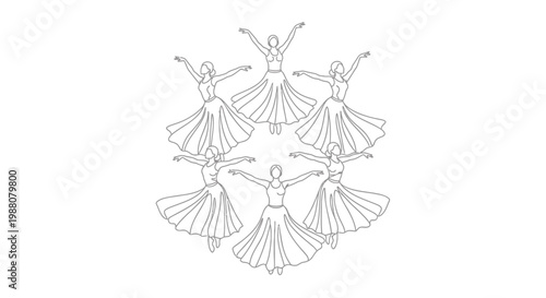 Whirling Dervishes, Sufi Dancers, Vector Illustrations, Line Art, Black and White