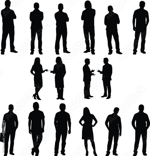 Professional business people silhouettes, corporate men and women standing, office team talking, diverse group casual figures, creative workers isolated vector set