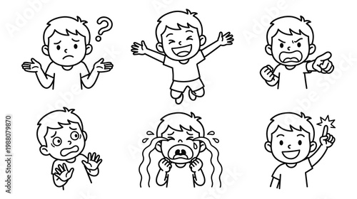 Collection of little boy expressing different emotions coloring page.