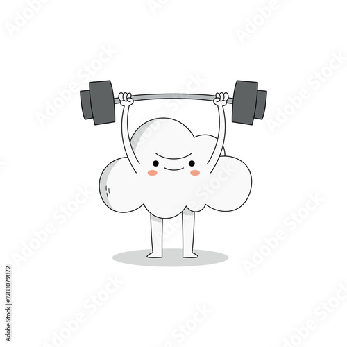 cute white cloud cartoon character lifting weight barbell doodle