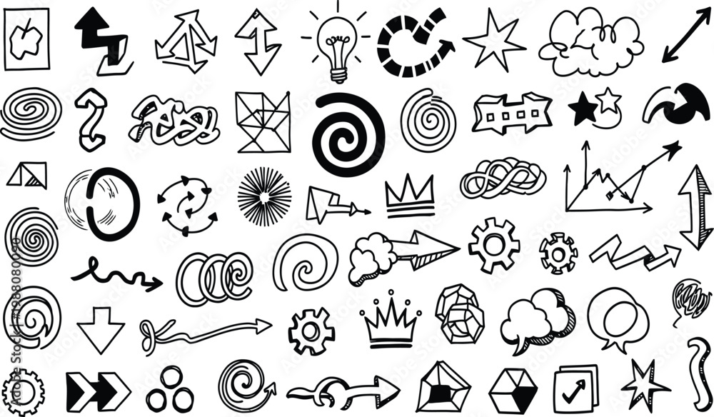 Fototapeta premium Doodle Arrows and Icons Set: Ideas, Growth, and Process Symbols