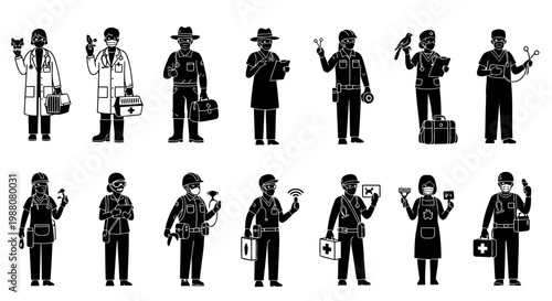 Minimalist black silhouette vector set of 21  different veterinary outfits and roles. Designed in 4K resolution with bold shapes and clean composition.