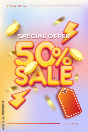 3d mega sale 50 percent off banner template with floating coins and thunder elements