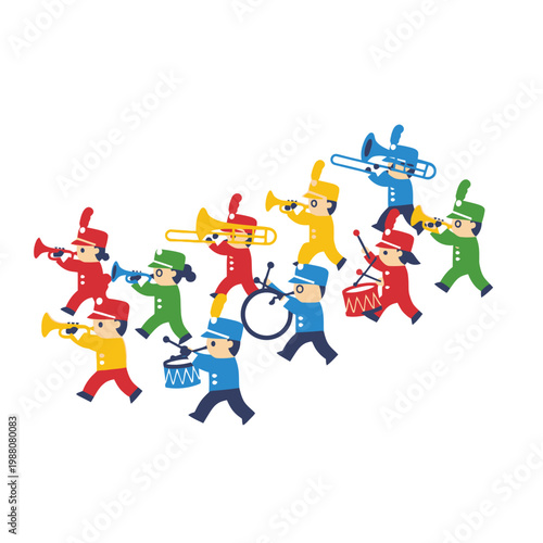 Children marching band playing instruments colorful cartoon style