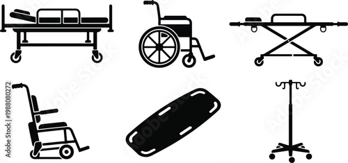  Medical Equipment Silhouette SVG Bundle, Hospital Bed Wheelchair Stretcher IV Stand Vector Icons, Emergency Care Healthcare Clipart 2026 