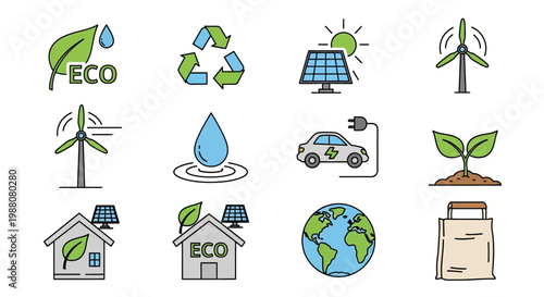 Collection of eco-friendly and sustainable energy line icons