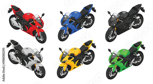 Isometric flat-style vector pack of a streamlined sports bike, low-detail design, white background, without outlines.
