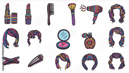 Cosmetic and Beauty Elements: An artistic array of cosmetic items and hair styling tools, meticulously crafted with intricate designs, evoking a sense of beauty and creative expression.