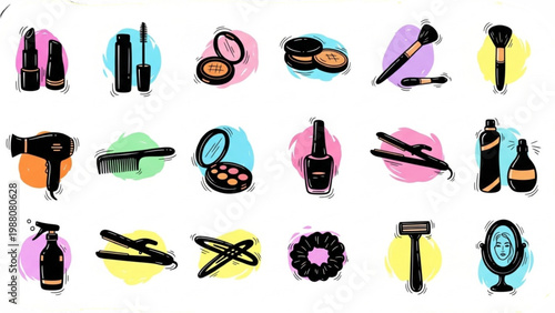Cosmetics Array: An illustrated array of beauty products and tools. Featuring essential makeup and styling items