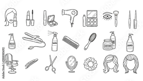 Beauty Essentials: A comprehensive collection of line art illustrations, featuring a variety of essential beauty and grooming items for cosmetic procedures and styles.