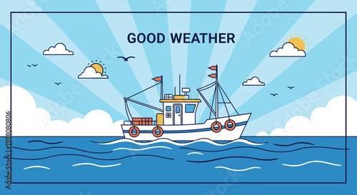 Commercial fishing boat sails across calm blue waters under a bright sun with clouds and birds in a good weather maritime illustration.