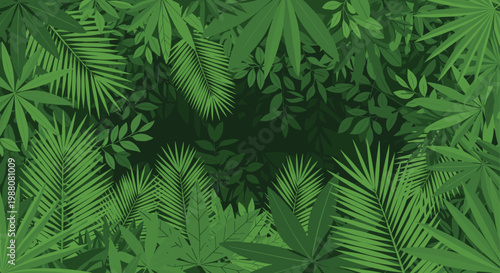 Dense tropical jungle foliage background features various green palm leaves and exotic plants for a lush and natural botanical wallpaper.