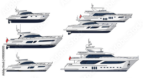 Collection of five luxury motor yachts with modern designs and white hulls are showcased for high end nautical travel and marine leisure.