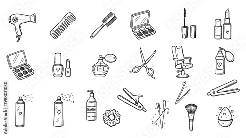 Beauty Essentials Collection: A whimsical assortment of beauty tools and products, meticulously illustrated, inviting a world of personal care, beauty, and grooming.