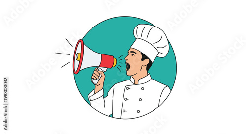 Headshot of a male chef in uniform shouting into a megaphone to communicate loud messages about cooking specials or restaurant offers.