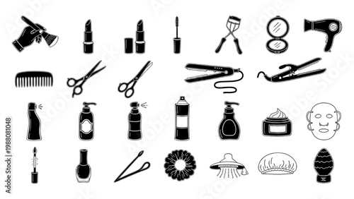 Beauty Essentials Silhouette Icone Set. A graphic array of essential beauty tools and cosmetic products, from lipstick to hair dryer, forming a comprehensive toolkit for style and grooming.