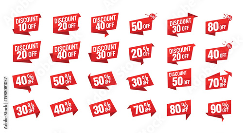 Large set of red discount tags and labels show various percentage off deals to help shoppers save money during seasonal sales events.