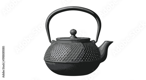 Traditional black cast iron Japanese teapot known as a tetsubin features a textured surface and a classic curved handle for tea lovers.