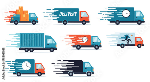 Collection of delivery truck icons in motion with speed lines and clock symbols represent fast and reliable shipping services for business.