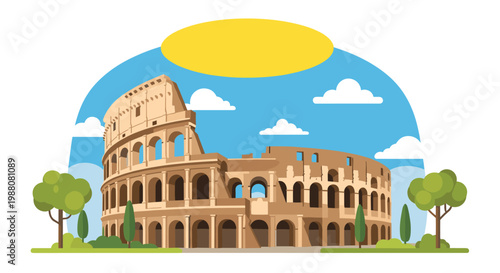Famous historical landmark of the Colosseum in Rome is illustrated with trees and a bright sunny sky for travel and architecture lovers.