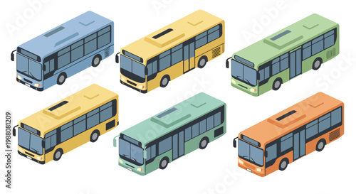 Simple isometric flat design of a city bus with soft colors, isolated on white background, no stroke