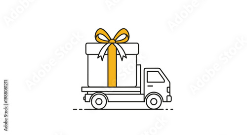 Small white delivery truck carrying a massive white gift box tied with a large yellow ribbon on its flatbed area.