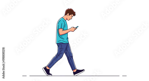 Young man walking forward while focused on his smartphone screen wearing a bright blue t-shirt and blue jeans.