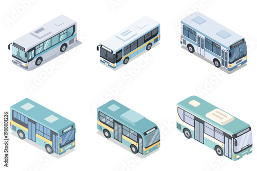 Simple isometric flat design of a city bus with soft colors, isolated on white background, no stroke