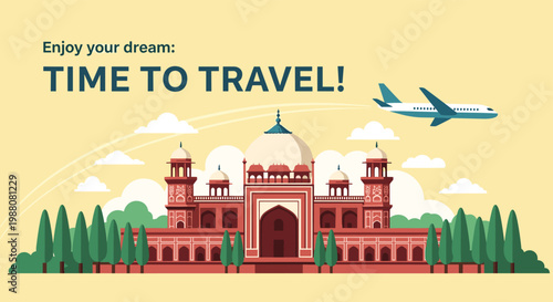 Travel poster for India featuring the Taj Mahal architecture with a plane flying over and surrounding green trees.