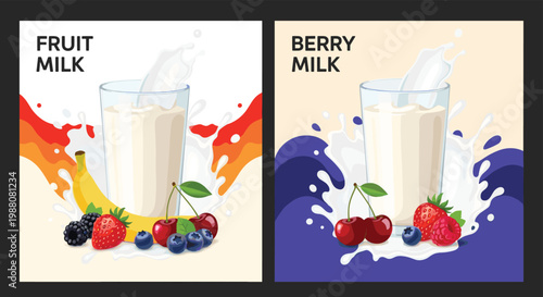 Set of two vibrant posters advertising delicious fruit and berry milk shakes with splashes and fresh ingredients.